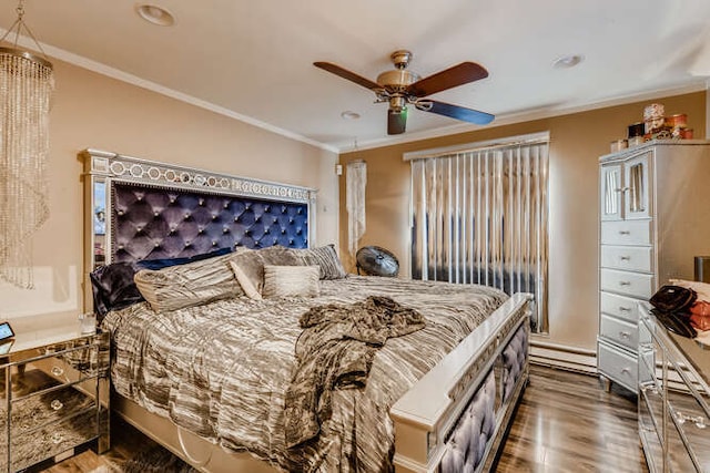 bedroom with crown molding, recessed lighting, and wood finished floors