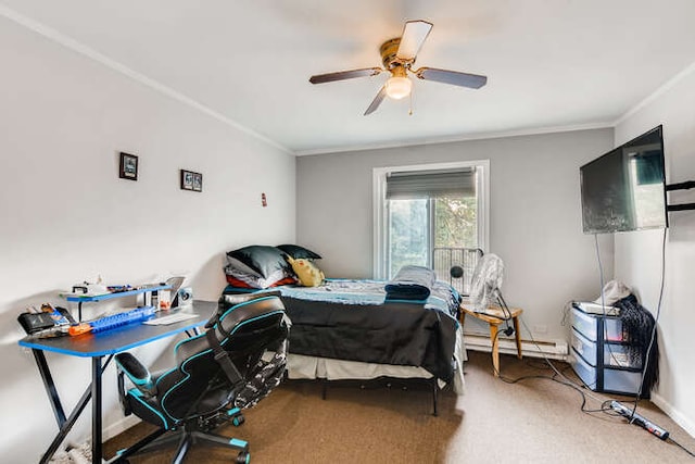 bedroom with carpet flooring, crown molding, a baseboard heating unit, and ceiling fan