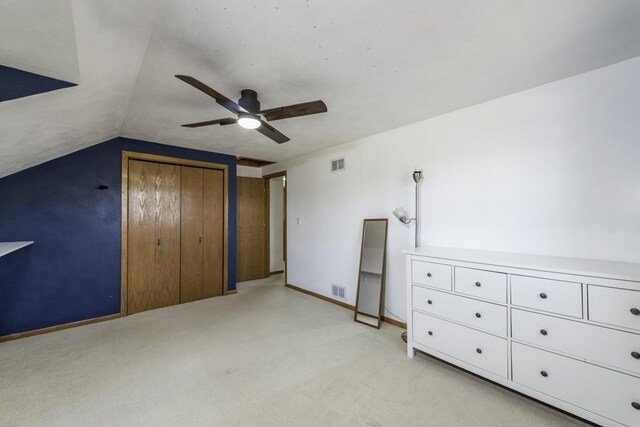 3128 Frans Ct, Winthrop Harbor, IL 60096 - unfurnished bedroom with light colored carpet, a closet, lofted ceiling, baseboards, and a ceiling fan