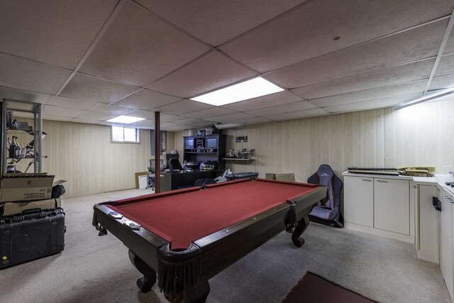 3128 Frans Ct, Winthrop Harbor, IL 60096 - rec room featuring carpet, pool table, a drop ceiling, and wood walls