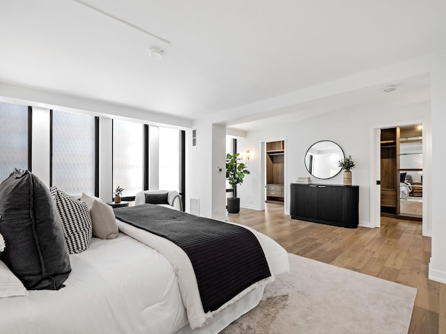 bedroom with a spacious closet, light wood-style floors, and a closet