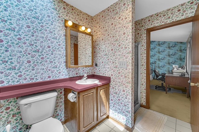 23505 S 88th Ave, Green Garden, IL 60423 - bathroom featuring wallpapered walls, tile patterned flooring, toilet, a shower stall, and vanity