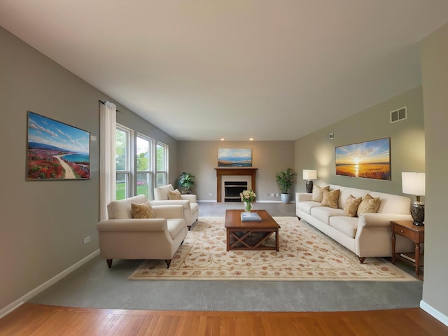 living area featuring wood finished floors, visible vents, baseboards, and a fireplace
