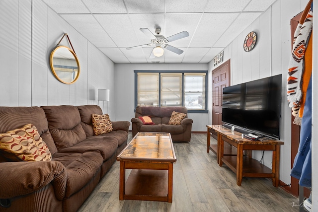 2862 S Keeley St, Chicago, IL 60608 - living room featuring a ceiling fan, light wood-style floors, and a paneled ceiling