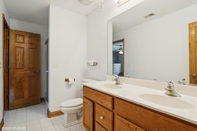 26464 N Bittersweet Trl, Mundelein, IL 60060 - bathroom with double vanity, toilet, a shower stall, tile patterned floors, and ceiling fan