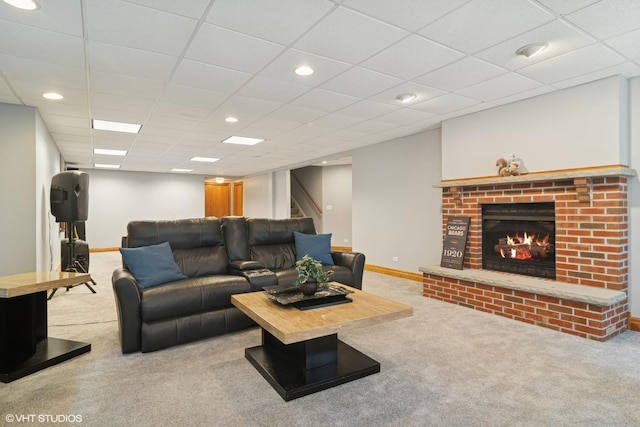 26464 N Bittersweet Trl, Mundelein, IL 60060 - living room with carpet, recessed lighting, baseboards, a brick fireplace, and stairway