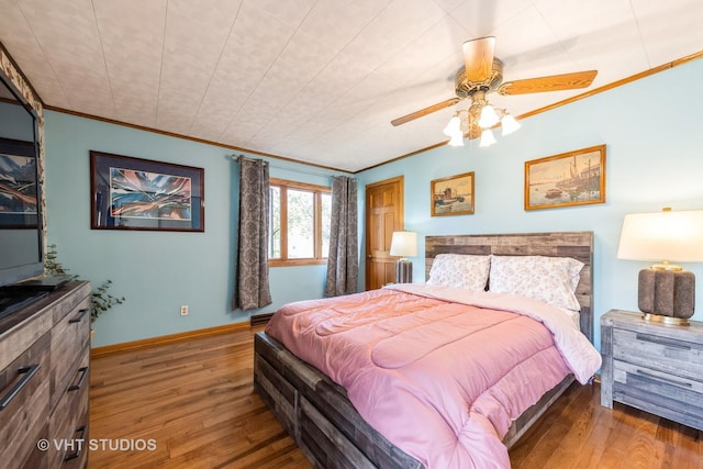 3714 W Lake Shore Dr, Wonder Lake, IL 60097 - bedroom featuring wood finished floors, ornamental molding, baseboards, and a ceiling fan
