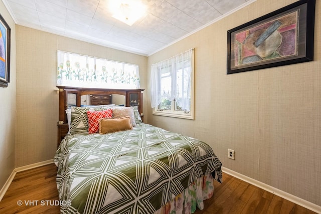 3714 W Lake Shore Dr, Wonder Lake, IL 60097 - bedroom featuring wood finished floors, ornamental molding, baseboards, and wallpapered walls