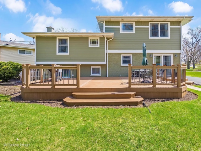 504 S Pierce Ave, Wheaton, IL 60187 - rear view of property with a chimney, brick siding, a lawn, and a wooden deck