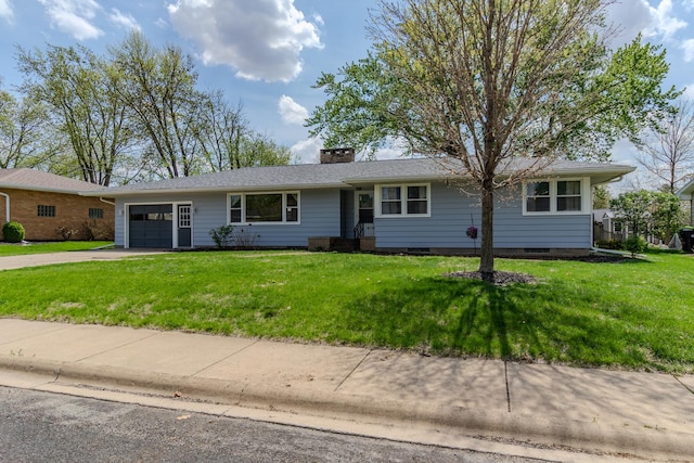ranch-style home with a garage, driveway, a front lawn, a chimney, and crawl space