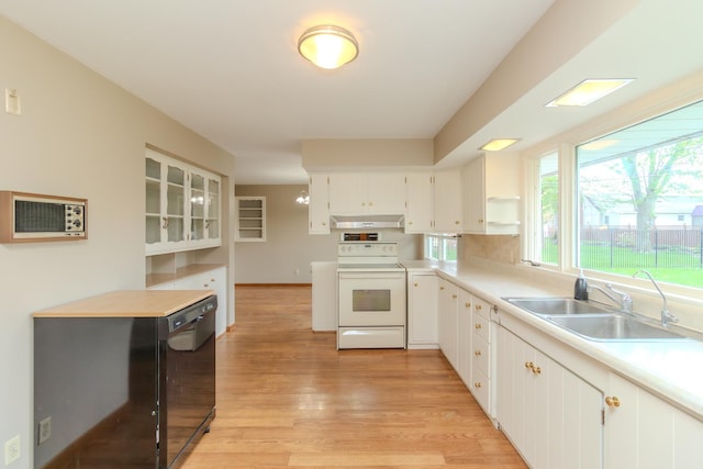 kitchen featuring electric range, a sink, under cabinet range hood, light wood-style flooring, and black dishwasher