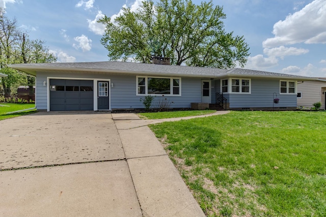 single story home featuring an attached garage, concrete driveway, a chimney, and a front yard
