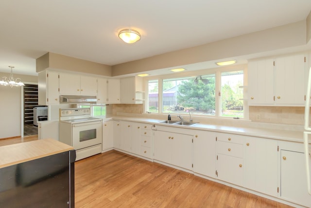 kitchen with white range with electric stovetop, a sink, under cabinet range hood, light countertops, and light wood finished floors