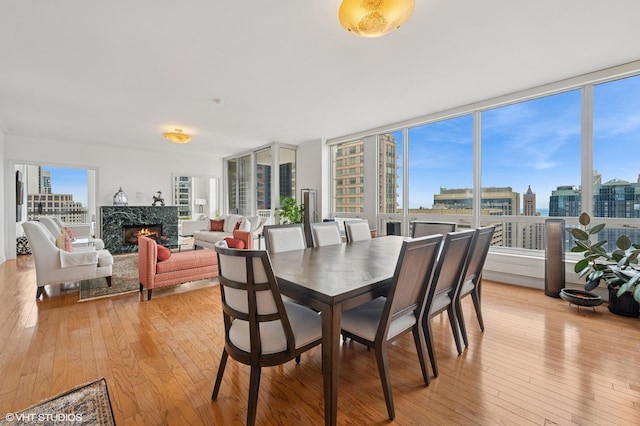 dining area with a premium fireplace, a view of city, and light wood-type flooring