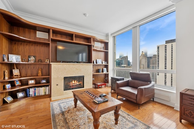 living room featuring a fireplace, ornamental molding, and wood finished floors