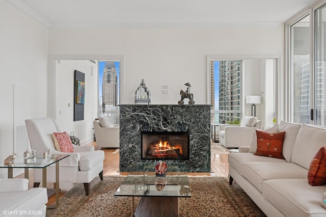 living area with a premium fireplace, crown molding, plenty of natural light, and wood finished floors