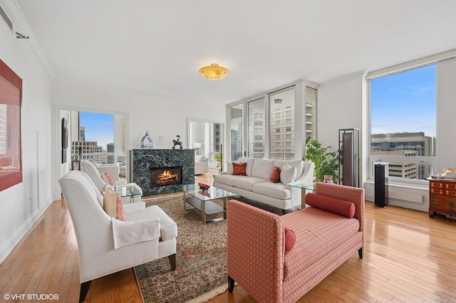 living area with light wood finished floors, crown molding, and a high end fireplace