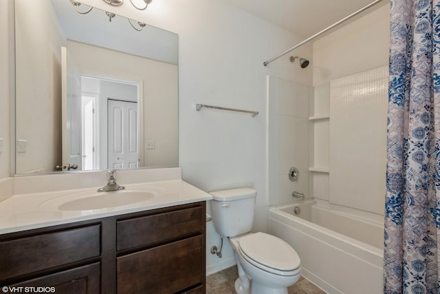 full bath featuring toilet, tile patterned floors, vanity, and shower / bathtub combination with curtain