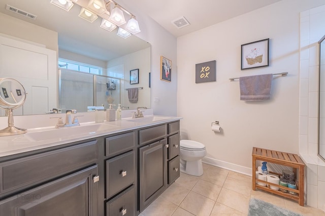 bathroom with a sink, toilet, visible vents, tile patterned flooring, and a shower stall