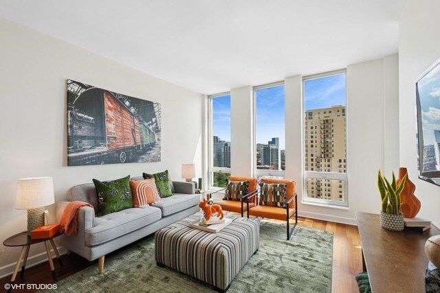 living area featuring wood finished floors and a view of city