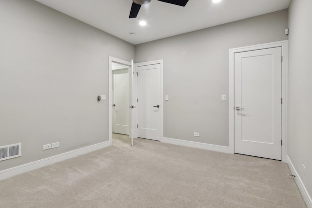 unfurnished bedroom with carpet flooring, baseboards, recessed lighting, and ceiling fan