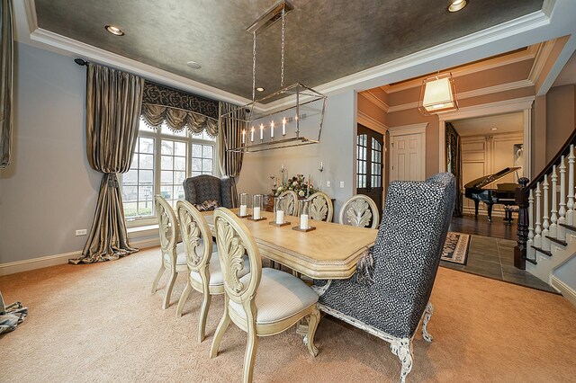 305 S Wright St, Naperville, IL 60540 - dining space with stairway, light colored carpet, ornamental molding, and recessed lighting