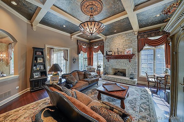305 S Wright St, Naperville, IL 60540 - living area with coffered ceiling, beam ceiling, baseboards, and ornamental molding