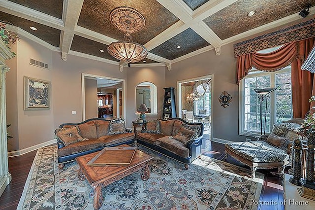 305 S Wright St, Naperville, IL 60540 - living area featuring coffered ceiling, baseboards, and visible vents