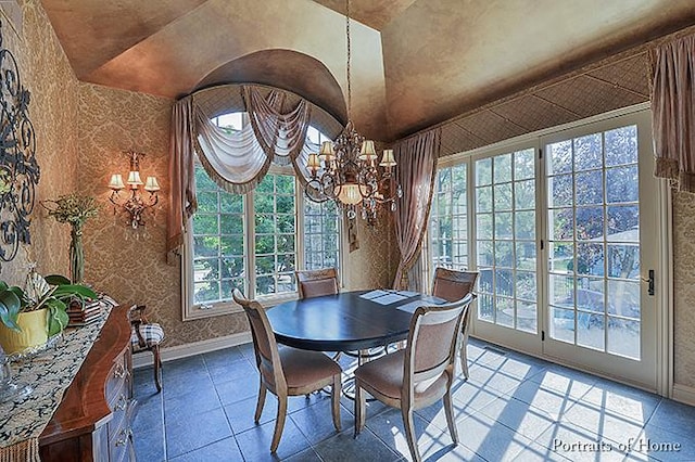 305 S Wright St, Naperville, IL 60540 - dining room with baseboards, a chandelier, wallpapered walls, and vaulted ceiling