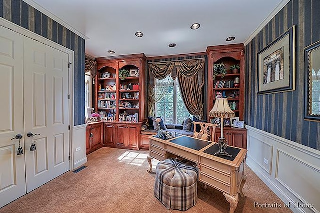 305 S Wright St, Naperville, IL 60540 - home office with recessed lighting, wallpapered walls, wainscoting, a decorative wall, and light colored carpet