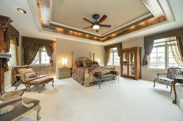 305 S Wright St, Naperville, IL 60540 - carpeted bedroom featuring baseboards, ornamental molding, ceiling fan, access to outside, and a raised ceiling