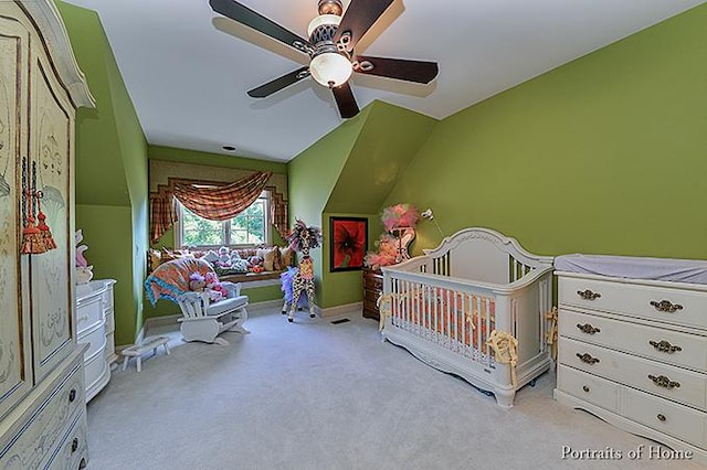 305 S Wright St, Naperville, IL 60540 - bedroom with lofted ceiling, baseboards, carpet flooring, ceiling fan, and a crib