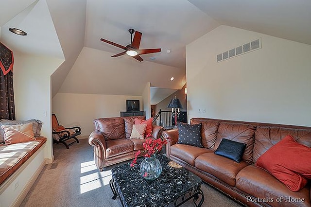 305 S Wright St, Naperville, IL 60540 - living area featuring ceiling fan, lofted ceiling, carpet flooring, and visible vents