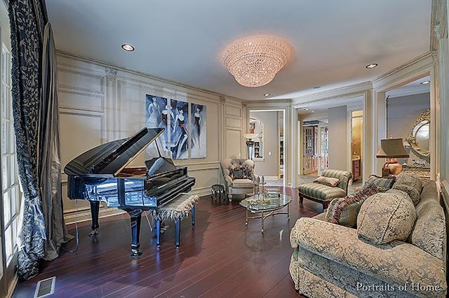 305 S Wright St, Naperville, IL 60540 - interior space featuring wood finished floors, ornamental molding, visible vents, recessed lighting, and an inviting chandelier
