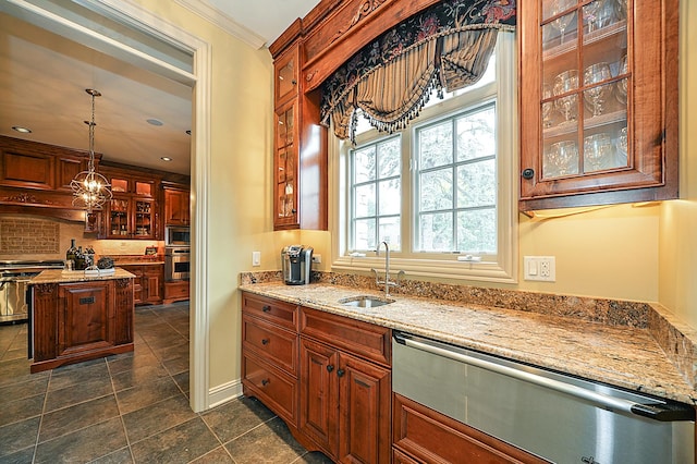 305 S Wright St, Naperville, IL 60540 - kitchen with a sink, crown molding, stainless steel appliances, and light stone counters