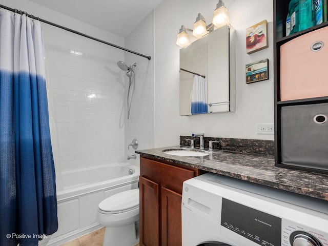 full bath featuring toilet, shower / tub combo, tile patterned floors, vanity, and washer / clothes dryer