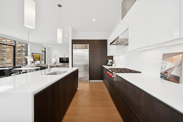kitchen with wall chimney range hood, modern cabinets, appliances with stainless steel finishes, and a sink