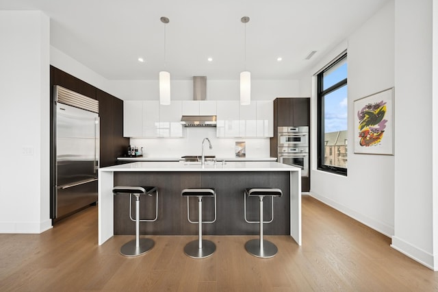kitchen featuring wood finished floors, modern cabinets, and appliances with stainless steel finishes