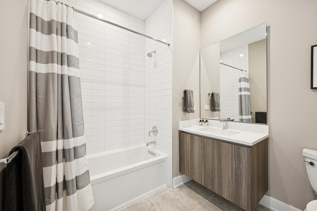 bathroom with vanity, toilet, shower / bathtub combination with curtain, and tile patterned floors
