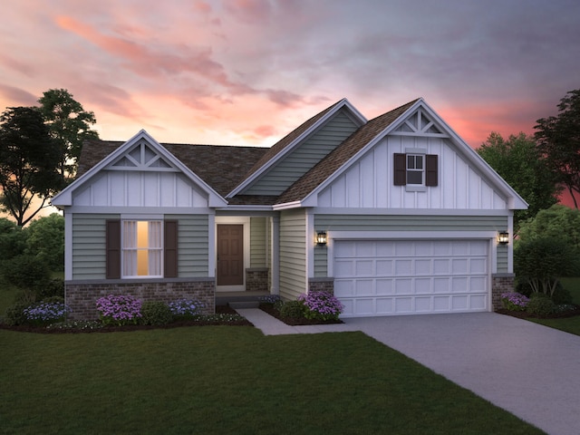 craftsman house featuring a yard, driveway, a shingled roof, and board and batten siding