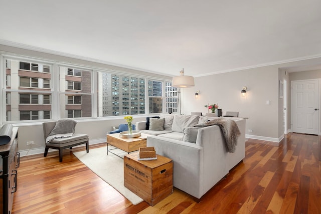 living area featuring ornamental molding, wood finished floors, and baseboards
