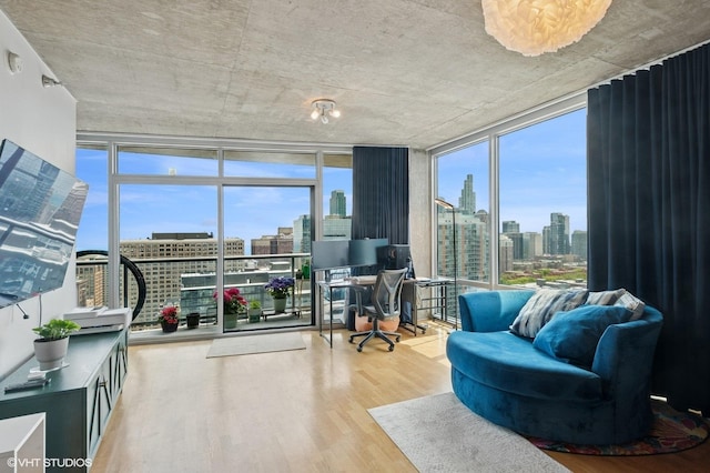 home office with a view of skyline, a wall of windows, and wood finished floors