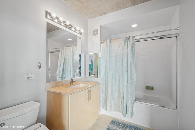 full bathroom featuring shower / bath combination with curtain, toilet, tile patterned flooring, and vanity