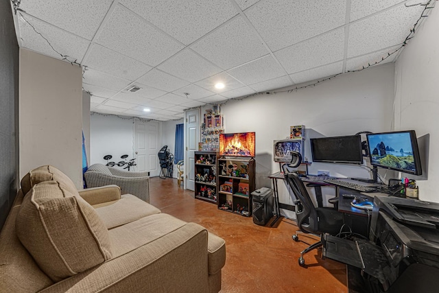 9163 Falcon Greens Dr, Lakewood, IL 60014 - home office featuring finished concrete flooring, a drop ceiling, and recessed lighting