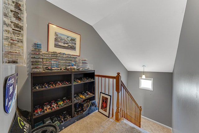 9163 Falcon Greens Dr, Lakewood, IL 60014 - stairway with vaulted ceiling, carpet flooring, and baseboards