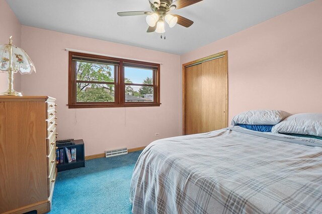 11501 S Normandy Ave, Worth, IL 60482 - bedroom featuring a closet, visible vents, carpet floors, a ceiling fan, and baseboards