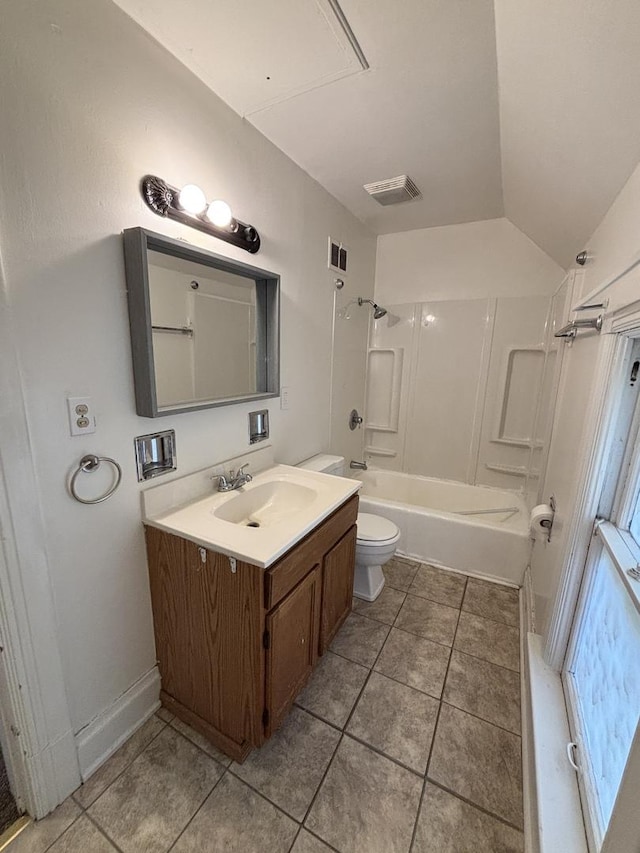 full bath featuring toilet, visible vents, tile patterned floors, vanity, and bathing tub / shower combination