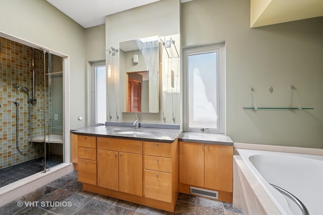 bathroom with a shower stall, vanity, and a garden tub