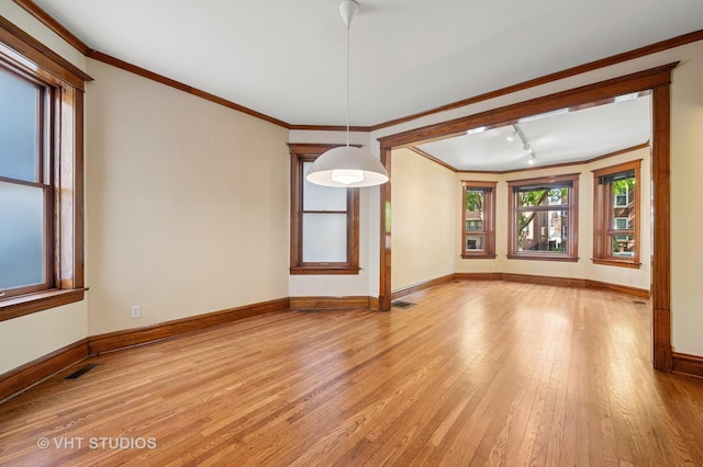 spare room with light wood finished floors, baseboards, rail lighting, and ornamental molding
