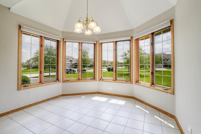 13860 Steeples Rd, Lemont, IL 60439 - unfurnished sunroom featuring vaulted ceiling and a chandelier